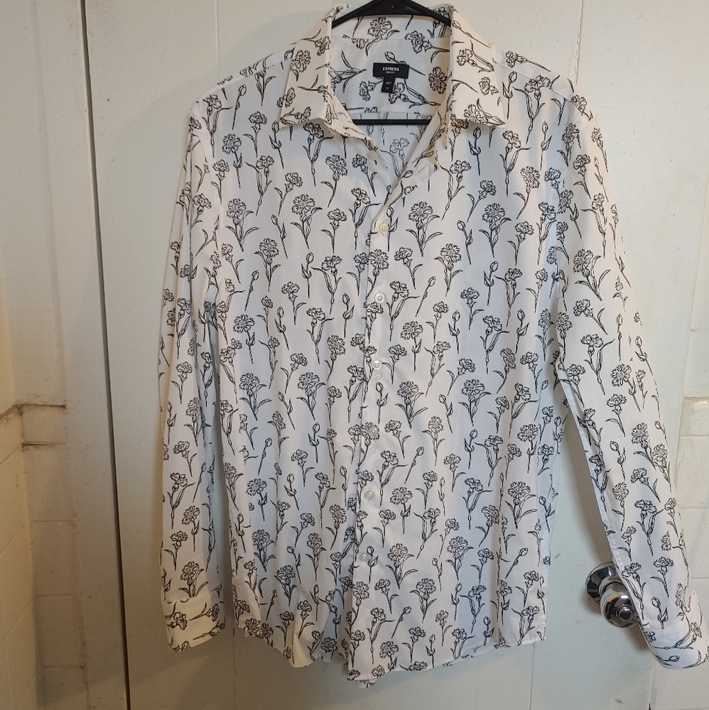 Express MEN'S NWOT White & Black Floral Slim Fit Button Down Dress Shirt